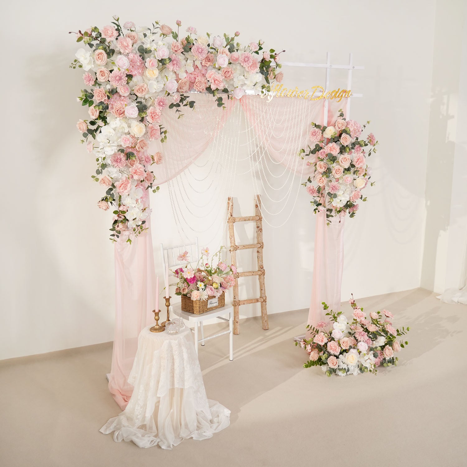 Uflower Wedding Backdrop Pink Rose Green Leaf Floral Arrangement